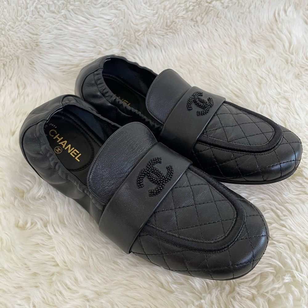 CHANEL moccasin loafers black size 36